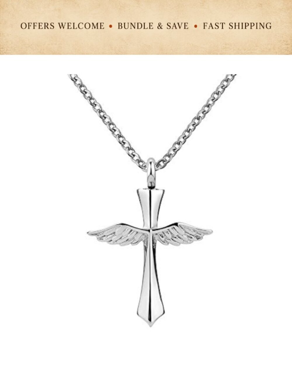 Angel Wing Cross Cremation Urn Necklace Stainless Steel Pet Memorial Keepsake